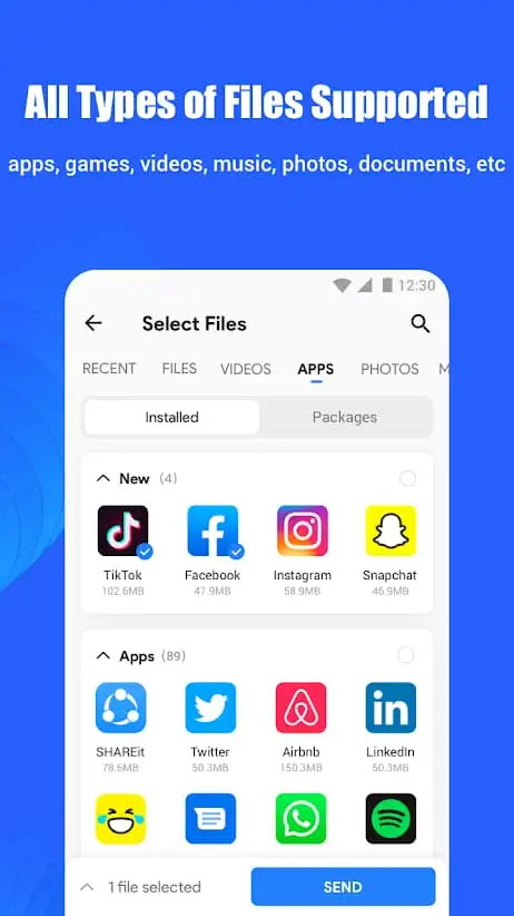 shareit mod apk send files screen
